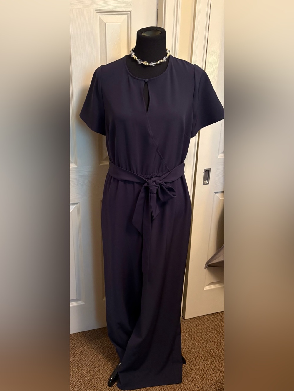 Lane Bryant Navy Short-Sleeve Jumpsuit with Waist Tie